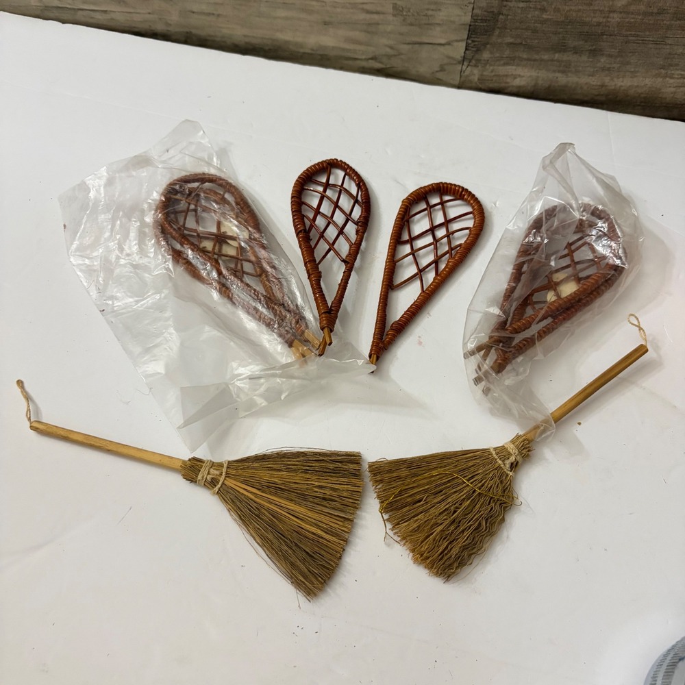 Vintage Miniature Snowshoes and Straw Brooms Rustic Winter Lodge Decor Set of 6